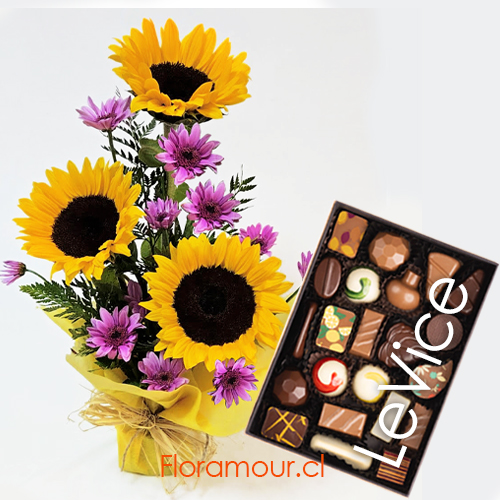 Trio de girasoles con flores de complemento en base humectada papel decorativo con caja de finos bombones Le Vice 22u